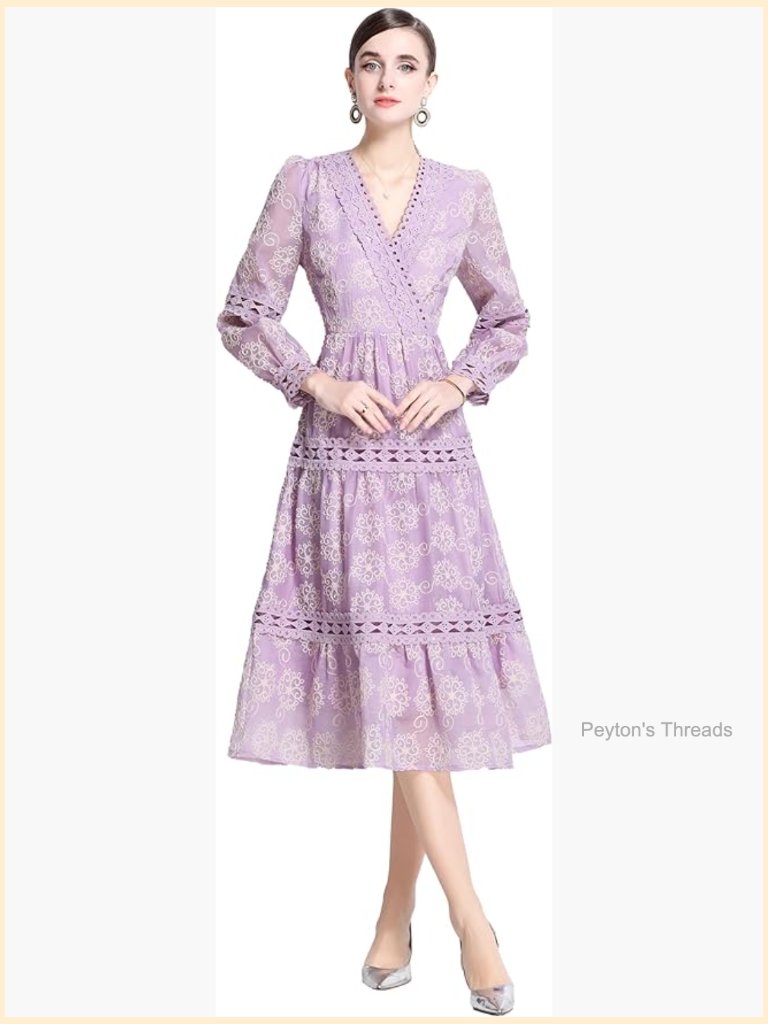 Lace Lantern Sleeves V-Neck Embroidery Hollow Flowy Midi Dress